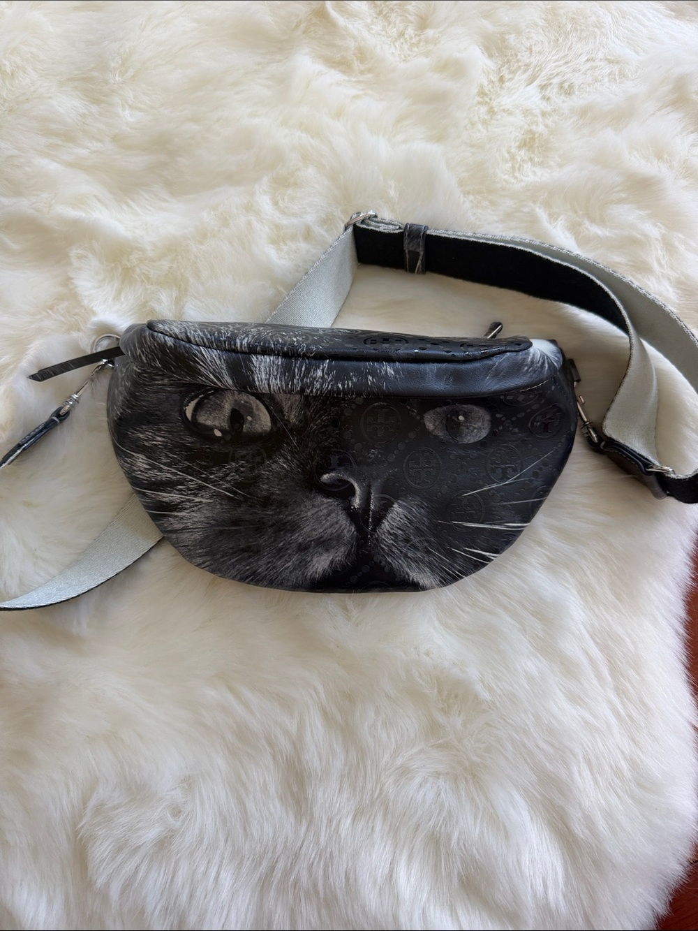 Tory Burch Black Cat Face Belt Bag with Contrast Strap